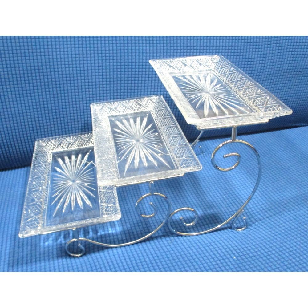 Godinger Dublin 3 Tier Rectangle Glass Serving Tray Set Silver Scroll MetalStand